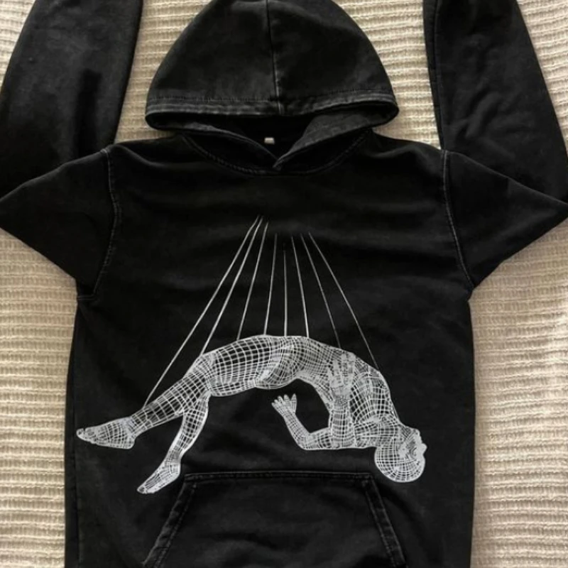 

Gothic dark style trendy top with washed print autumn/winter hoodie for both men and women, pullover hoodie