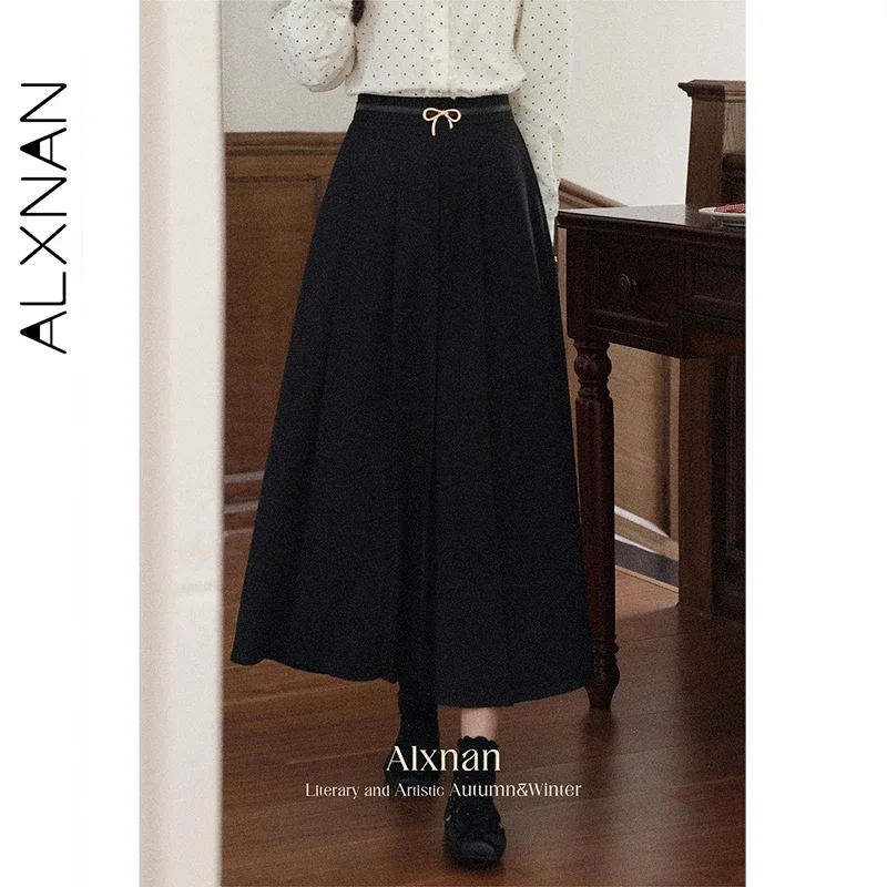 ALXNAN Women's Black Pleated Midi Skirt High Waist Fashion Office Lady Skirts Vintage Fall Flowy A-line Long Skirt Female L57025