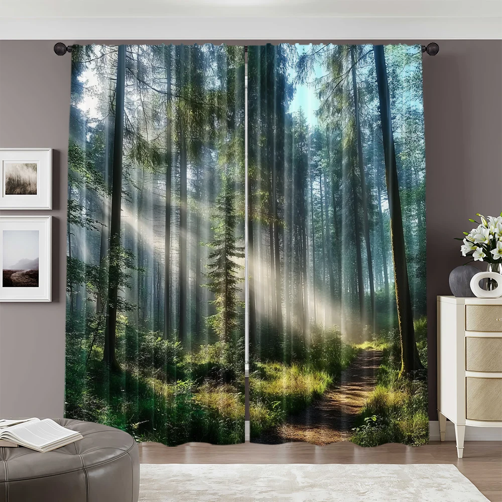 2pcs, 2D flat printing Scene Curtain Forest Sunlight Path Fine Art Versatile Polyester Fabric,Without Electricity Family Party
