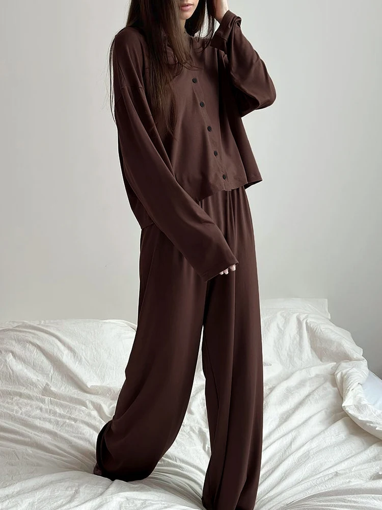 Linad Brown Pajamas For Women 2 Piece Sets Knitted Long Sleeve O Neck Sleepwear Female Casual Trouser Suits Solid Autumn 2024