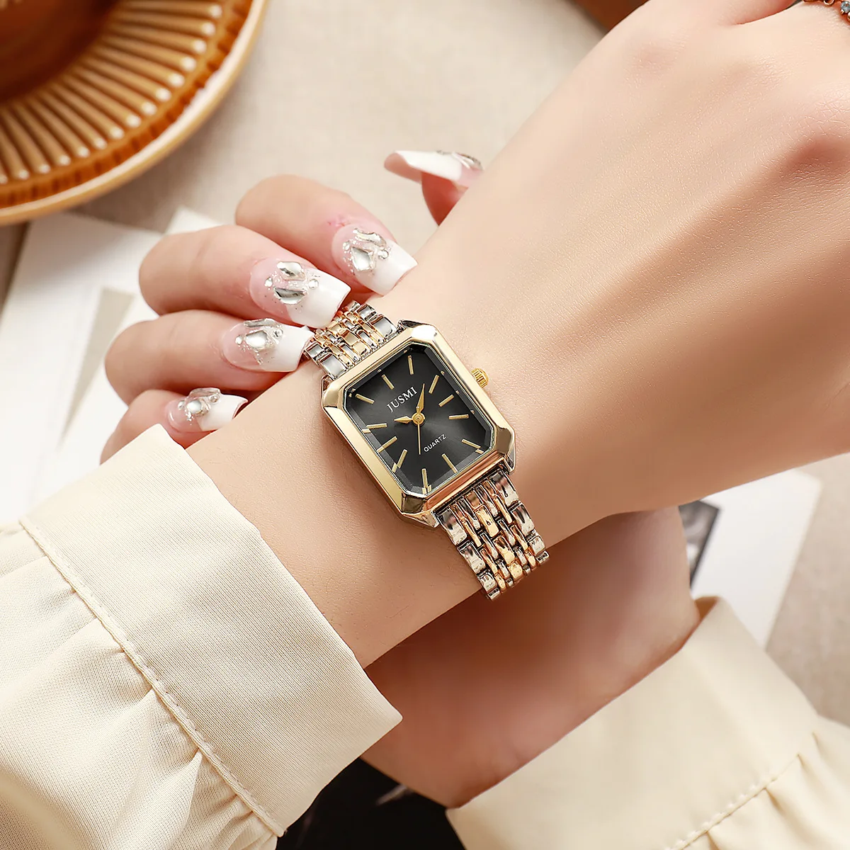 New women's square watch, small dial wristwatch, vintage style steel band quartz watch for women