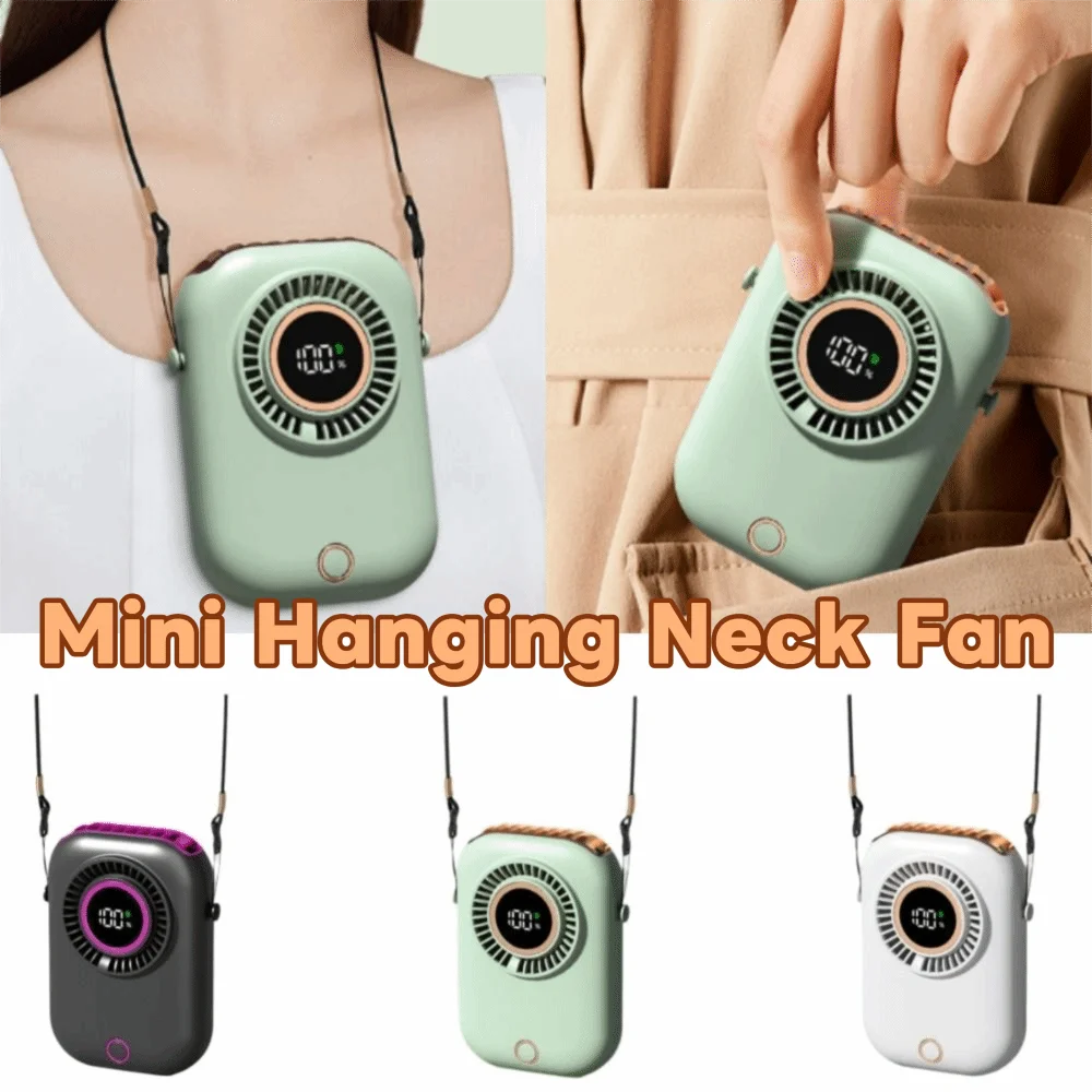 5 Speeds Mini Hanging Neck Fan Ultra Quiet Digital Power Display Portable Cooling Fan Wide-Angle Airflow with Stand