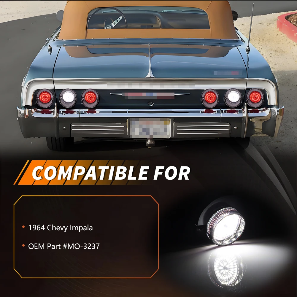 6Pcs For 1964 Chevy Impala Rear Bumper White LED Backup Light Reverse Light & Red LED Tail Light Brake Light Lamps DRL Light