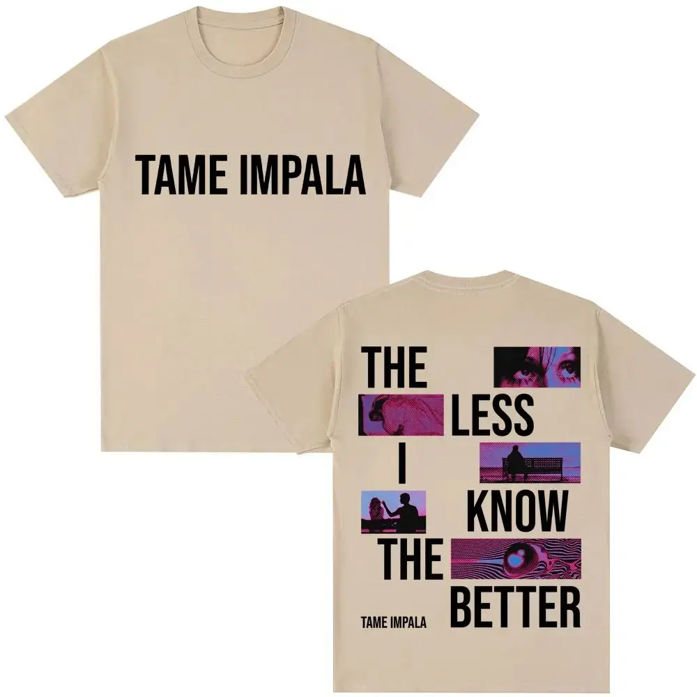 하라주쿠 탑스 록 밴드 테임즈 임팔라 더 레스 아이 노우 더 베터 티셔츠 힙합 레트로 코튼 티셔츠 루즈 캐주얼 티셔츠 유니섹스