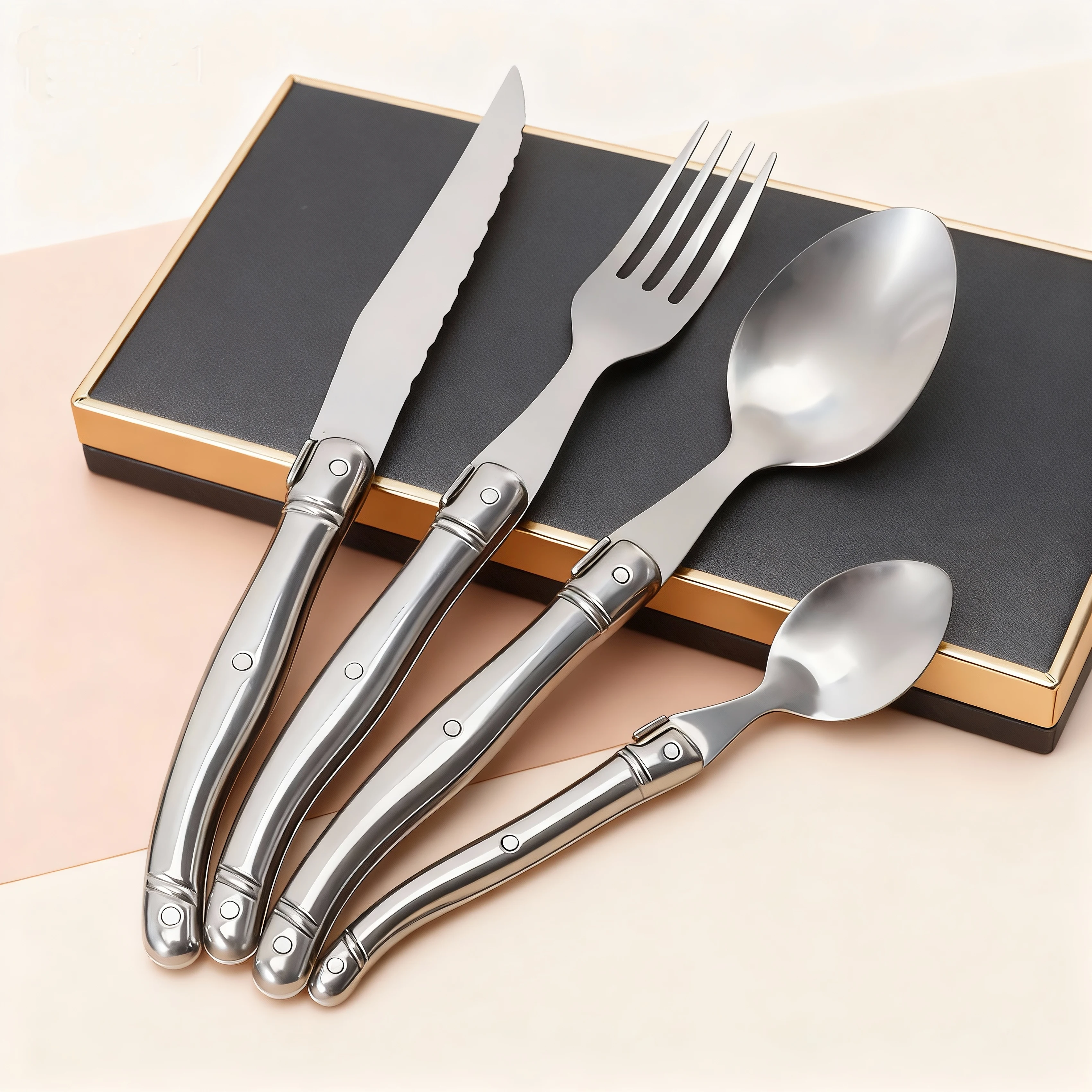 Jaswehome-Juego de vajilla de acero inoxidable, 4 Uds., Laguiole, cuchillo para carne decorado, tenedores para ensalada, cucharas de postre, vajilla occidental