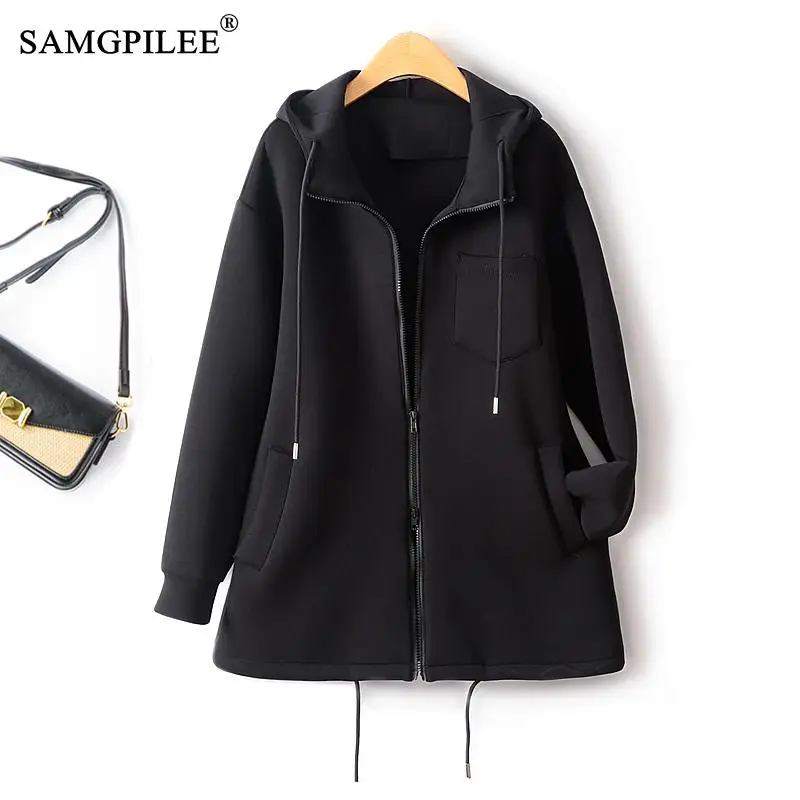 

European Station Women's Coat Hepburn Style Zipper Cardigan Hooded Air Cotton Solid Commuter Mid Length Windbreaker For Woman