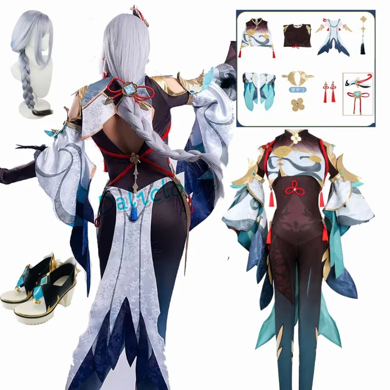 Jogo genshinimpact shenhe cosplay traje shenhe macacão peruca sapatos shen he cosplay batalha terno coelho cosplay anime outfit