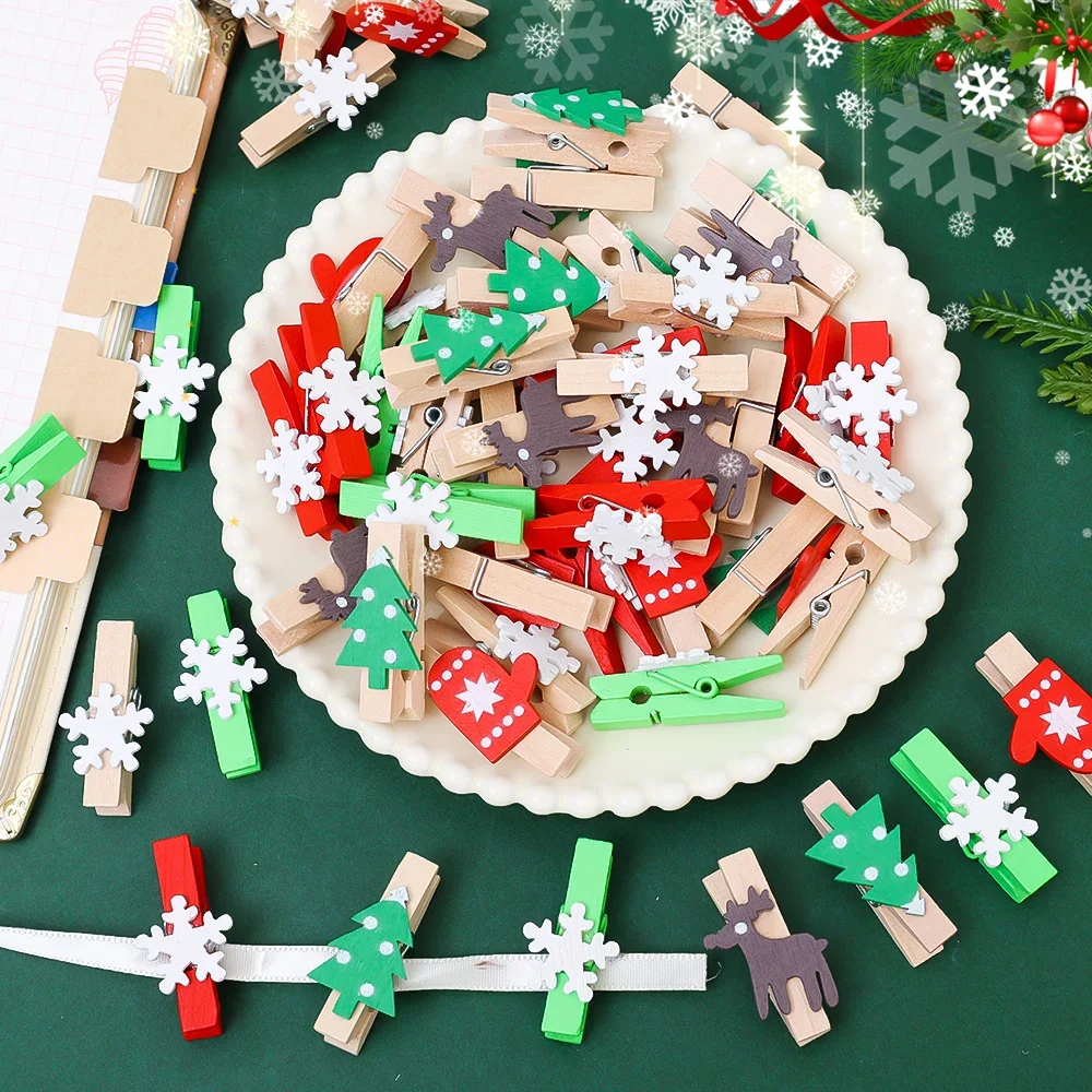 10/50pcs Christmas Wood Clips Mixed Styles Christmas Tree Photo Clips Elk Gloves Snowflake Clothespins New Year DIY Photo Pegs