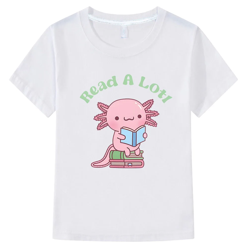 

Axolotl Salute Read Book Print T Shirt Kids Cartoon Graphic Tee-shirt 100% Cotton Short Sleeve Summer O-neck Clothes Boys Girls
