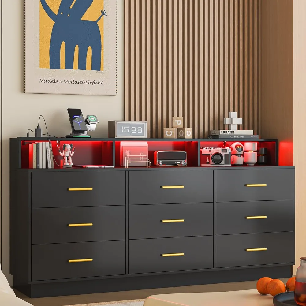 

Black 9 Drawer Dressers for Bedroom, Modern Large Dresser with LED Light and Power Outlet, Wooden Long Dresser for Bedroom, Entr