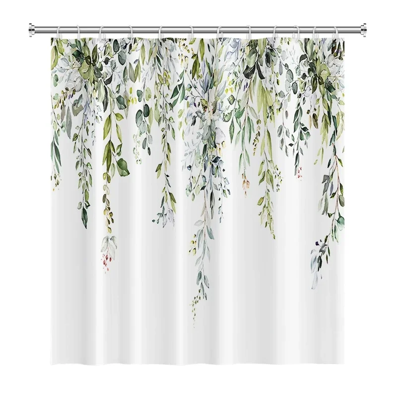 Simple Fresh Green Leaves Printed Shower Curtains Morden Bathroom Decor Waterproof Polyester Fabric Bathtub Screen with Hooks