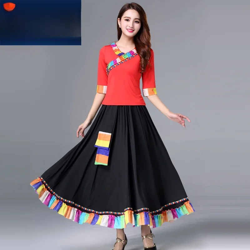 conjunto-de-disfraz-para-baile-cuadrado-falda-larga-para-mujer-vestido-de-actuacion-falda-de-baile-Etnico-tibetano-falda-midi-de-estilo-nuevo-para-adultos