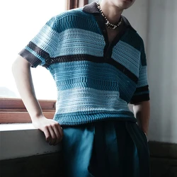 Streetwear Mens Knit Polo Shirts 2024 Summer New Fashion Patchwork Hollow Out Knitted Tops For Men Short Sleeve Breathable Polos