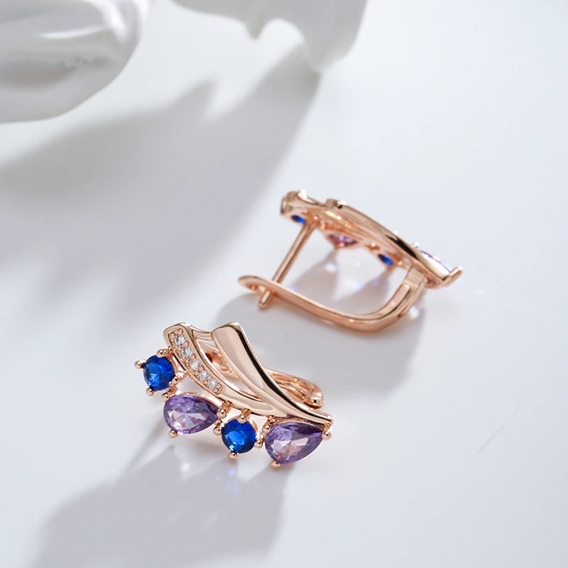 Kinel Hot Shiny Purple Blue Natural Zircon Drop Earrings for Women Trend 585 Rose Gold Color Fine Daily Jewelry Crystal Gift