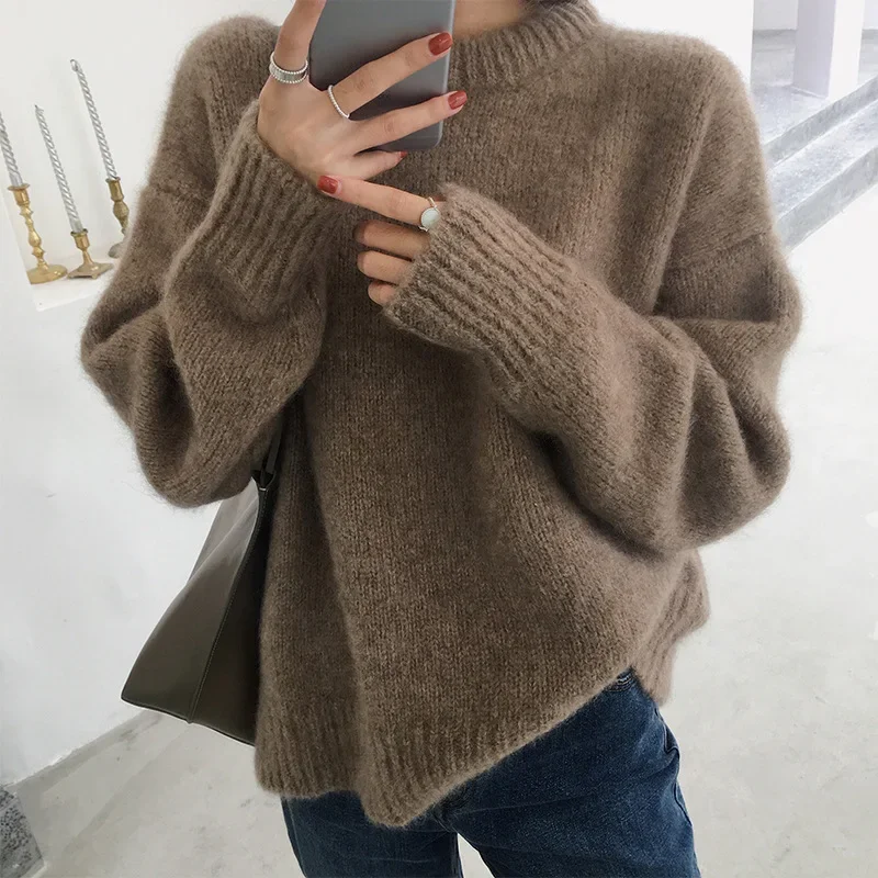 Fashion Light SeaHorse Hair Knit Sweater Autumn and Winter Women's Retro Loose Fit Warm Inner Layer Casual Outer Knit Top E4855