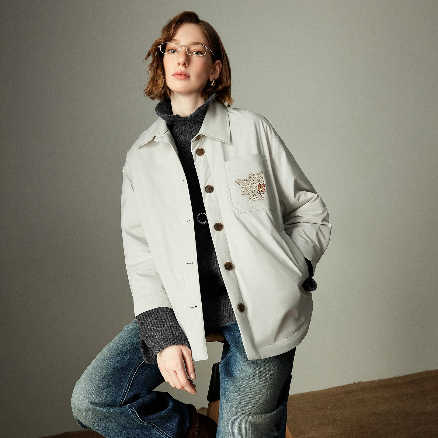 TOYOUTH Women's Shirt-Style Cotton-Padded Coat 2025 Winter New Workwear Style Cartoon Embroidery Age-Reducing Loose Top