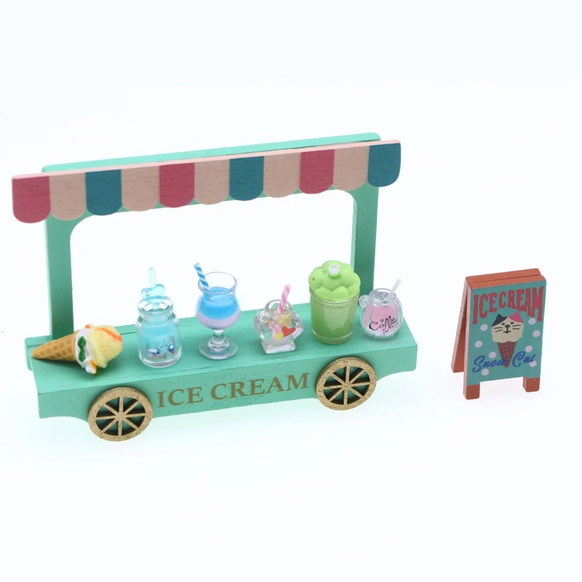 Carro de helado de madera para casa de muñecas en miniatura, accesorios de fotografía de escena de verano Zakka y accesorios de modelo