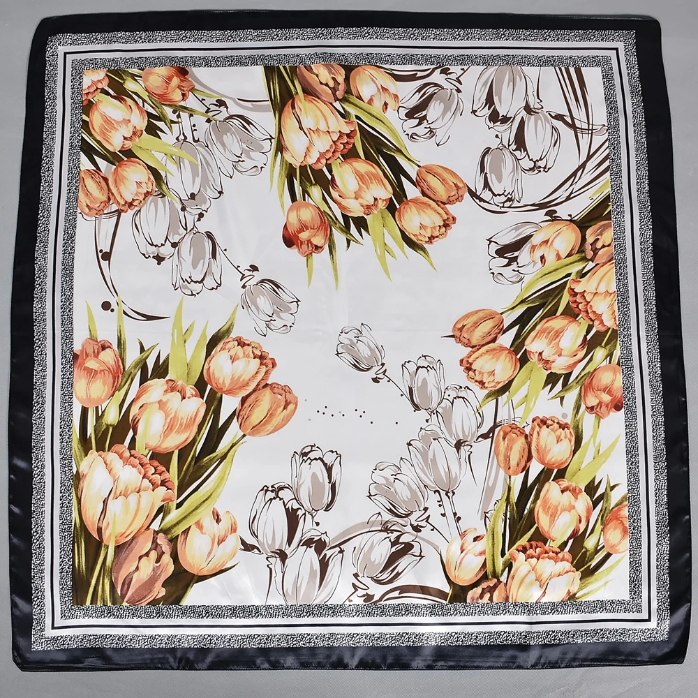 BYSIFA| Black White Ladies Silk Scarf Fashion Tulip Design Square Scarves Fouldard Fall Winter Brand Sweet Floral Satin Scarves