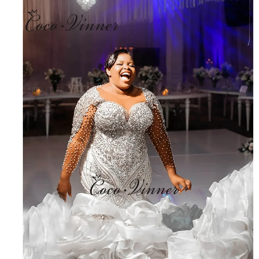 تخصيص الأورجانزا الكشكشة حورية البحر فستان الزفاف أفريقيا نمط طويل الأكمام الثقيلة الديكور فساتين الزفاف الفاخرة حورية البحر W1441