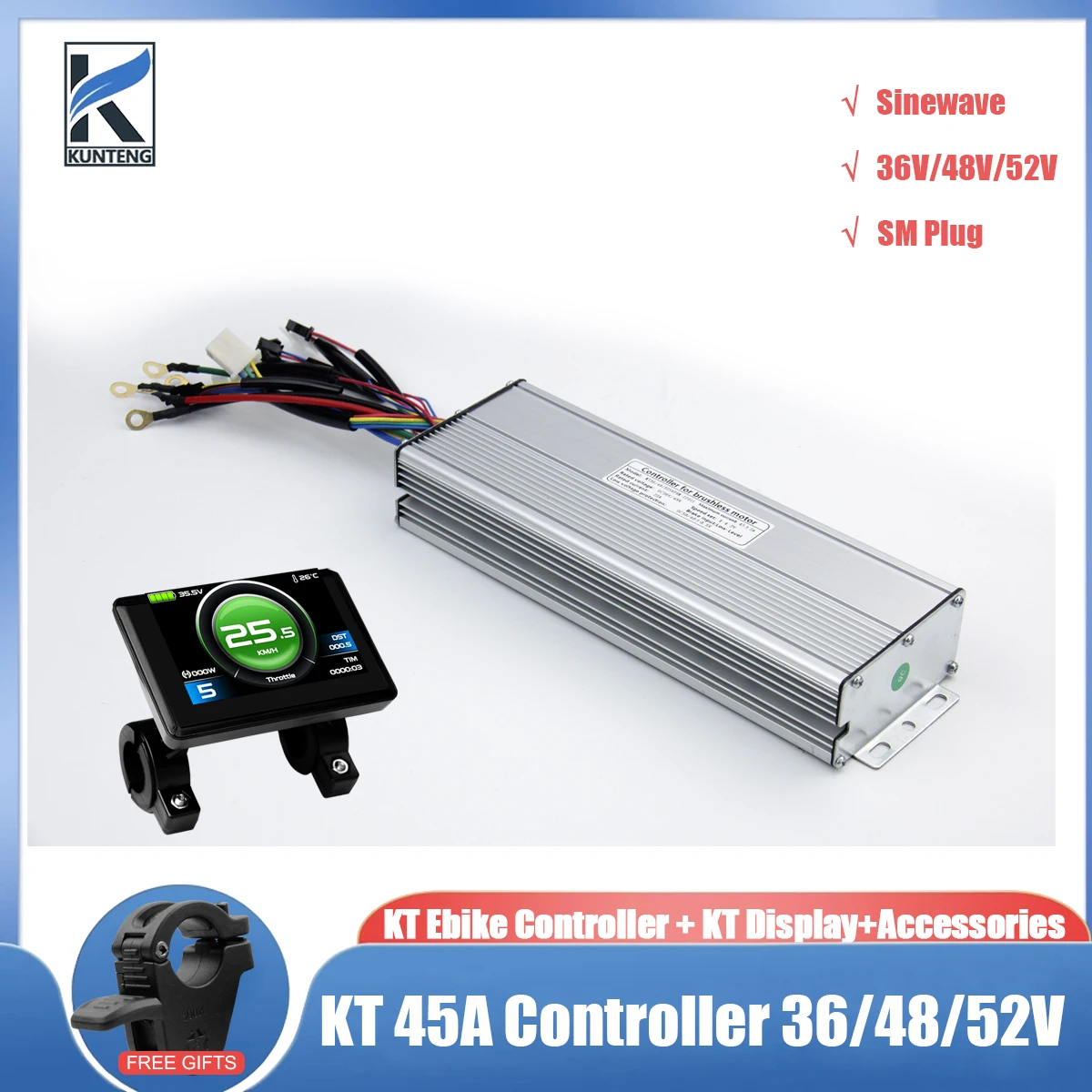 

Sine Wave KT Controller 36V/48V/52V 45A SM Brushless 1000W-2000W Ebike Accessories with Light Function For KT protocol display