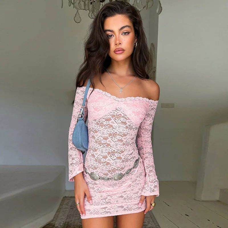 

SKMY Women Clothing 2025 Summer New Solid Color Sexy Slash Neck Off The Shoulder Perspective Lace Dress Long Sleeve Party Wear