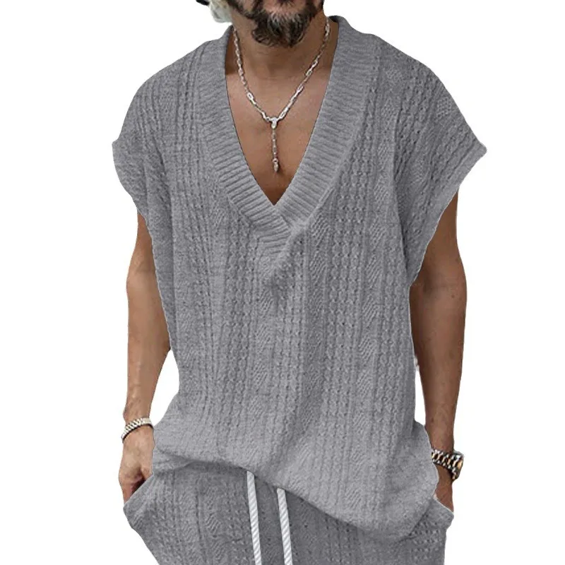 2024 New Daily Heavyweight Heavy Industry Large Men\'s Casual V-neck Loose Jacquard Knitwear Sleeveless Tank Top