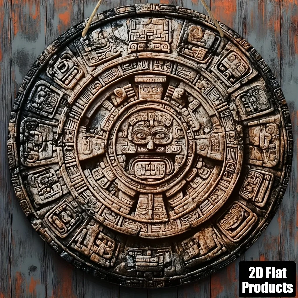 2D Flat, 1pc Vintage Mayan Calendar Wooden Wall Art - 8x8 Inch Round Decorative Plaque with Intricate Carvings, Perfect for Home