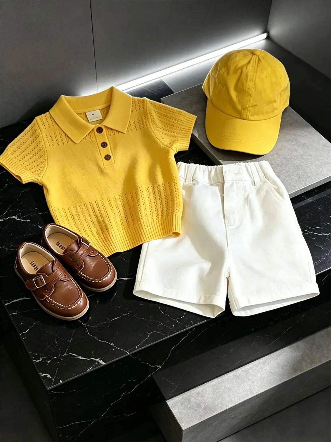 Boys Summer Clothing Sets New Arrival Hollow Out Ice Silk Polo Shirt Yellow Knitted Short Sleeve and Casual Shorts Suit 2 Pcs