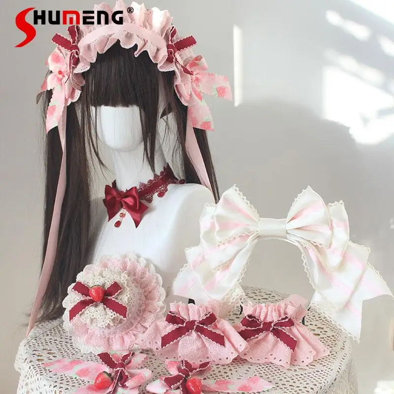 

Original Japanese Sweet Elegant Lolita Hair Accessories Handmade 3D Bow Lace Versatile Headbands Hair Side Clips Women Headwears