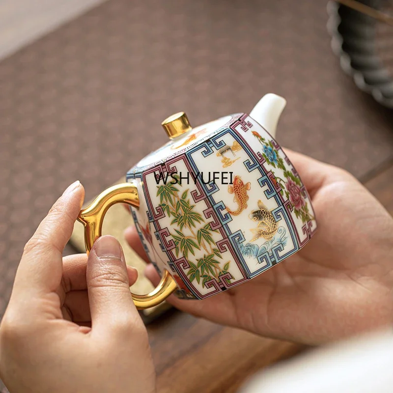 12.5X8CM 180ML Dehua White Porcelain Teapot Hand Drawn Gold  Enamel Ceramic Pot with Filter Screen Kung Fu Tea Ceramic Tea POT