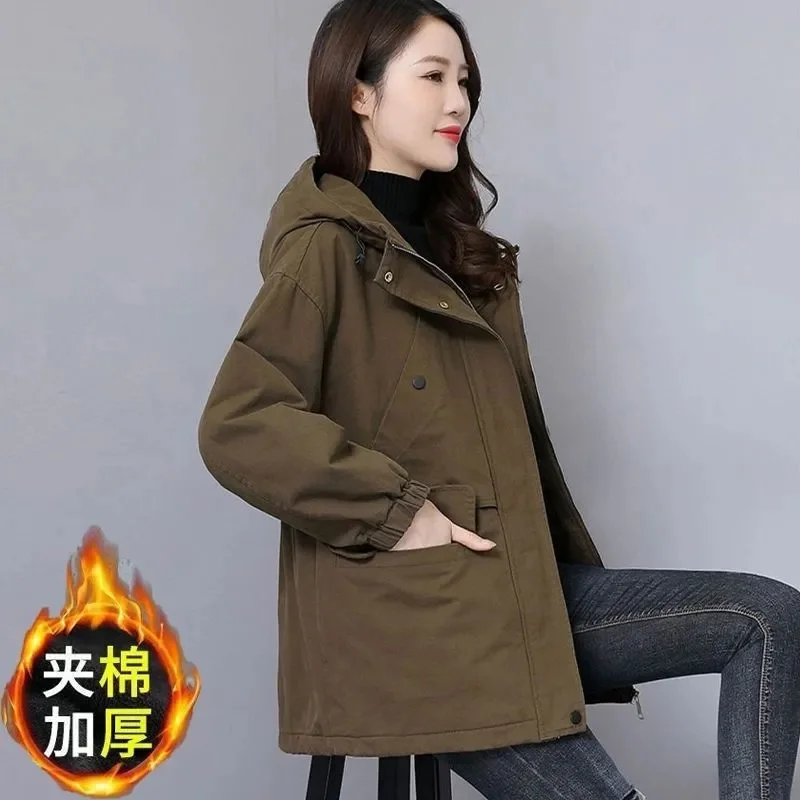 2025 New Women Windbreaker Pike Outcoat Women\'s Fleece Jacket Loose Hooded Winter Warm Parkas Overcoat Zipper Female Basic Coat