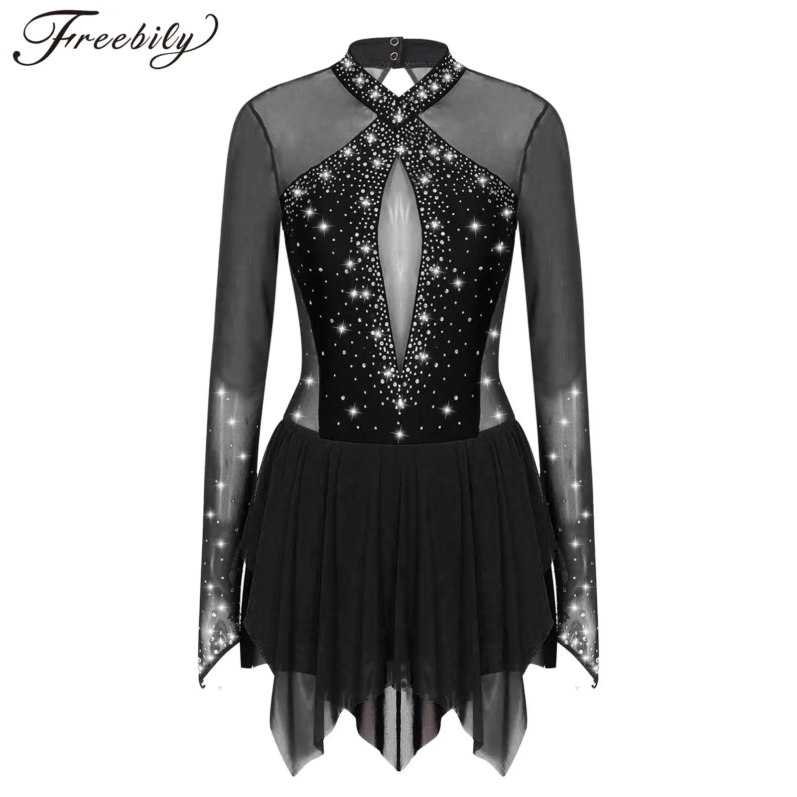 Womens Sparkling Rhinestones Ballet Lyrical Figure Skating Dance Dress Irregular Hem Keyhole Back Long Sleeve Gymnatics Dresses