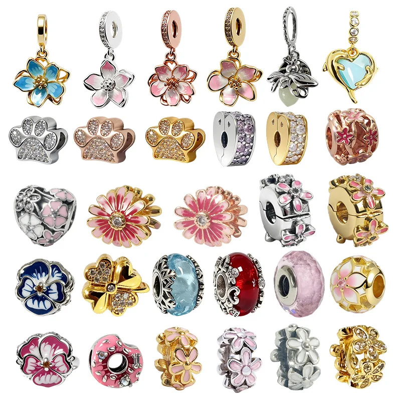 Original Charms Bead,Pink Pansy Flower&Paw Print Charm,Cherry Blossom Dangle Charm Bead Fit Pendant Bracelet Women Jewelry Gif