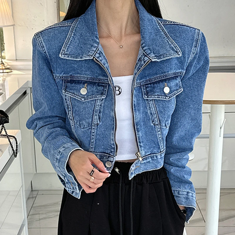 

Long Sleev Denim Jacket Cropped Denim Jackets Women Zippers Pockets Vintage Coat Spring Streetwear Outwear 2024 New