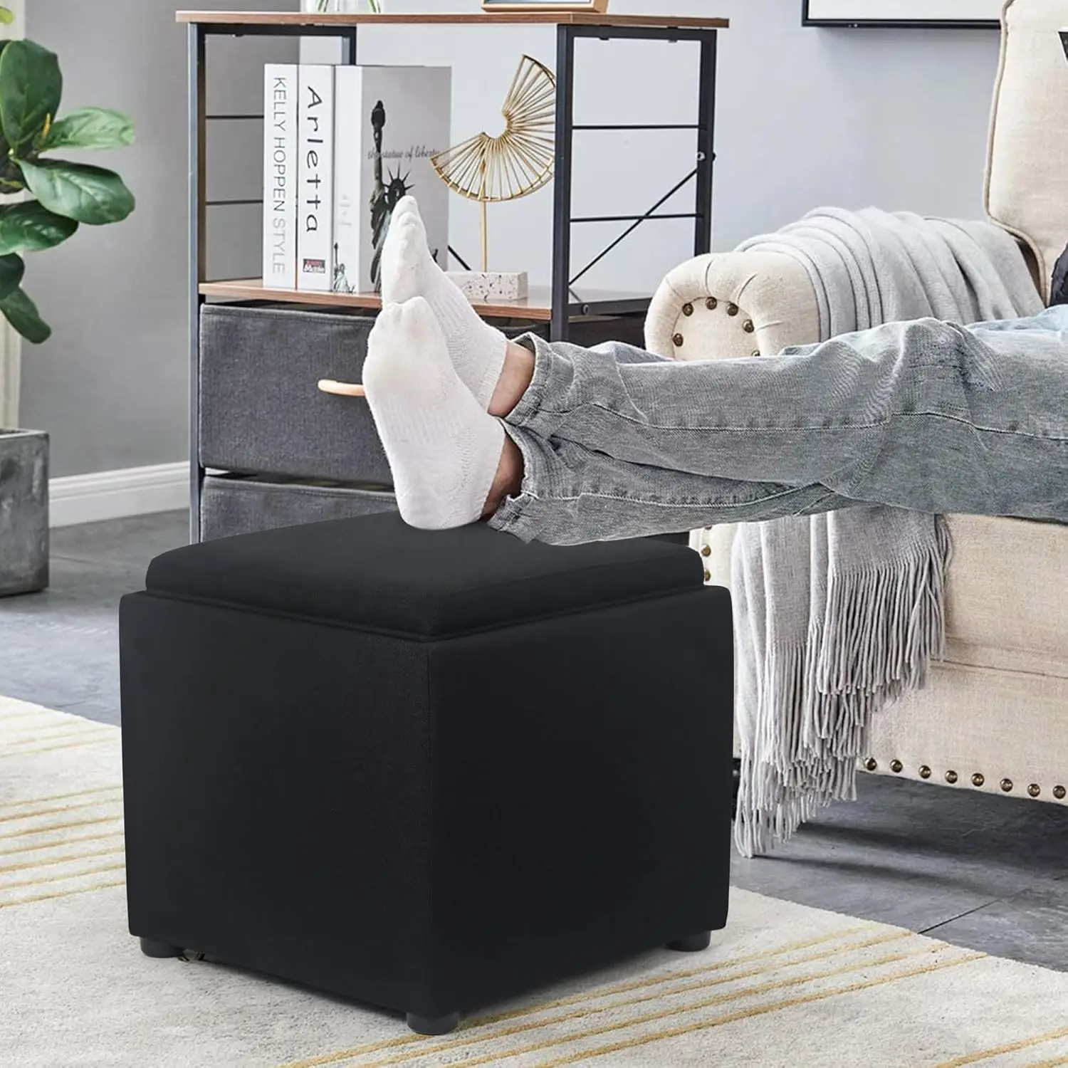 Storage Square Ottoman with Tray, Small Linen Foot Rest Stool Cube, Coffee Table for Dorm Living Room Bedroom, Black
