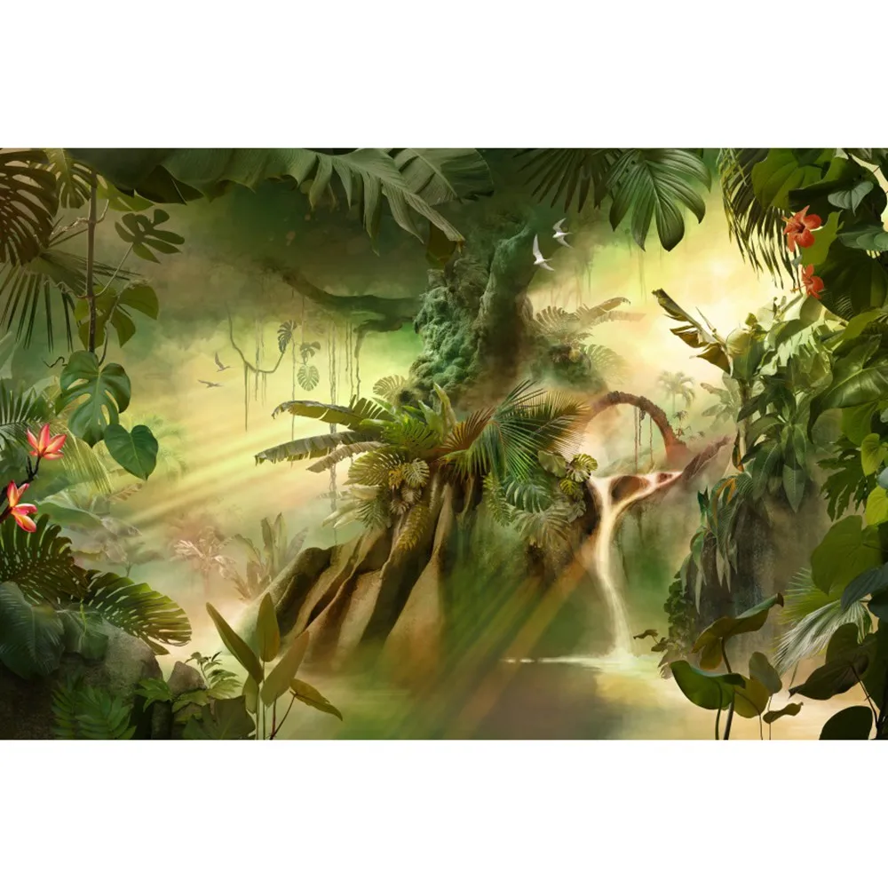 Fondos de fotografía de selva Tropical, Bosque, árboles, hojas, cascada, decoración personalizada para fiesta de bebé, estudio de fotomatón