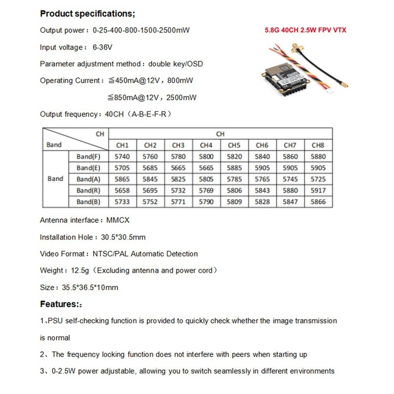 5.8G 40CH 2.5W 2500MW Image Transmission For RC Fixed Wing FPV Long Rang Racing Drone Durable Easy To Use