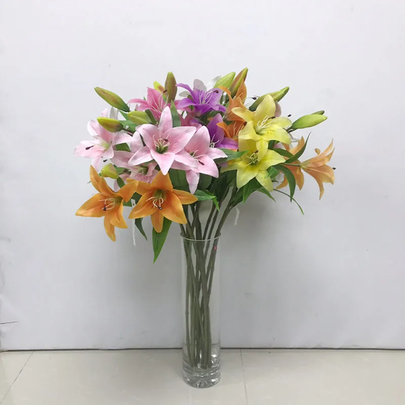 3 Heads Artificial Flower Simulated Lily Cloth Fake Flower Home Decoration Simulated Green Plant Wedding Decoration Road Guide