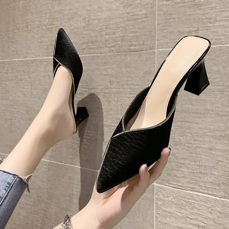 Fashionable 2021 New Spring Summer Women's High Heel Platform Slippers Wearable Rubber Sole Ins Trendy Pointed Toe Mule Slippers