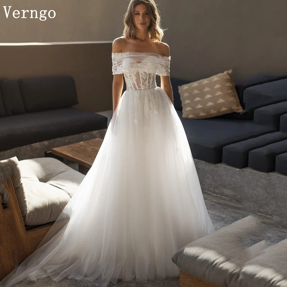 

Verngo Sequined Tulle Wedding Dresses Off The Shoulder A Line Bridal Gowns Elegant Sweap Train Bride Dress de novia Customized