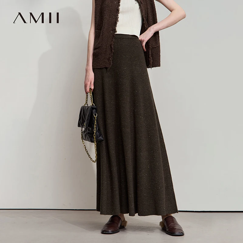 

AMII вязаные юбки для женщин, осень 2023, новая нежная длинная юбка трапециевидной формы, свободная однотонная элегантная универсальная женская одежда12553045