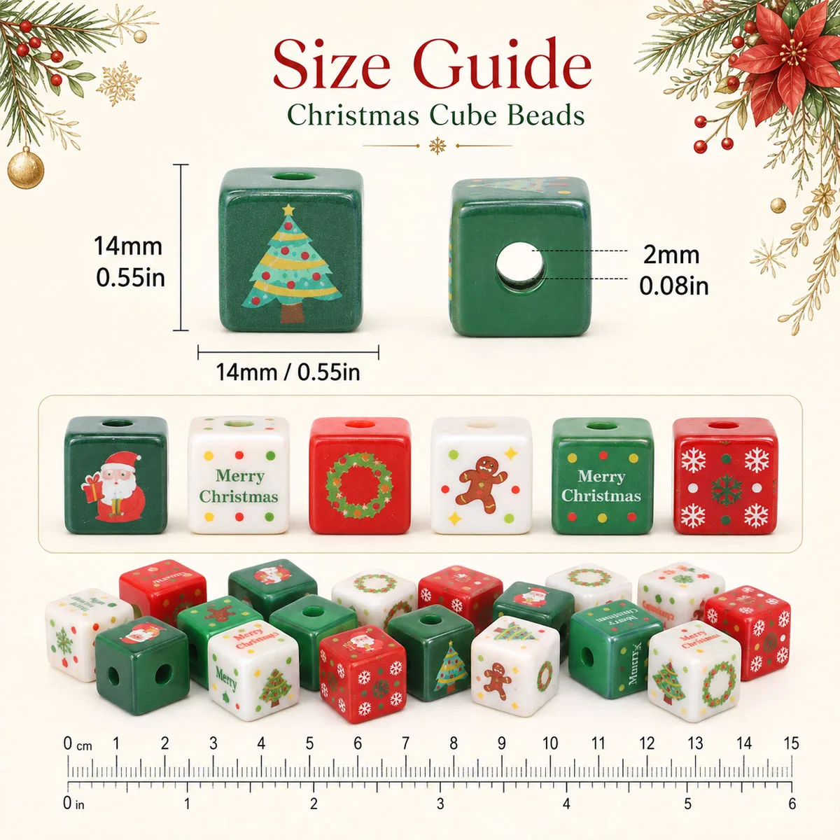 14mm 3Pcs Christmas Theme Square Acrylic Loose Beads for Making DIY Bracelets Necklaces Keychains Various Jewelry Accessories