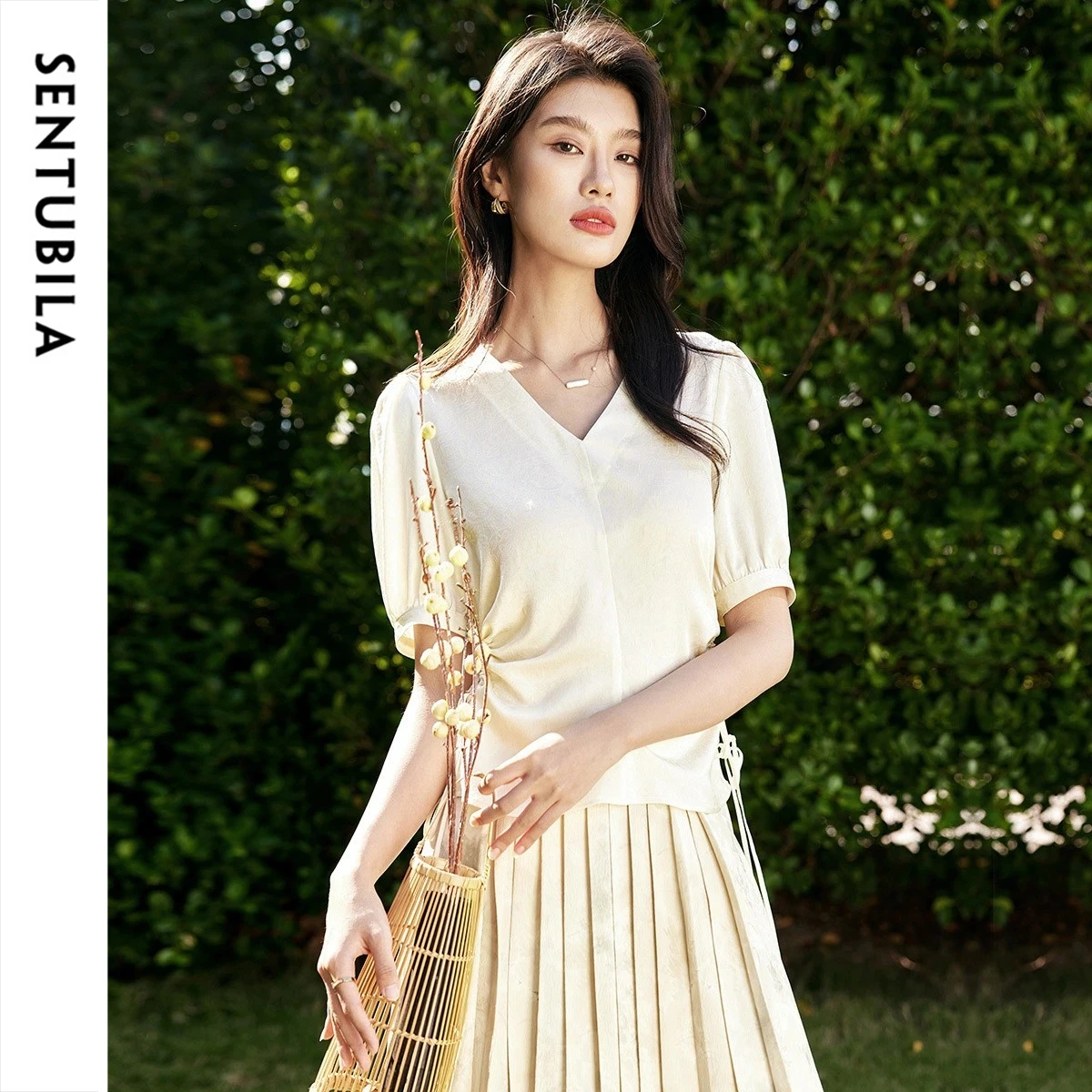 SENTUBILA Elegant Satin Jacquard Blouse V-Neck Puff Sleeve Cut Out Drawstring Tie Design Summer Slim Chiffon Shirt 152V58974X
