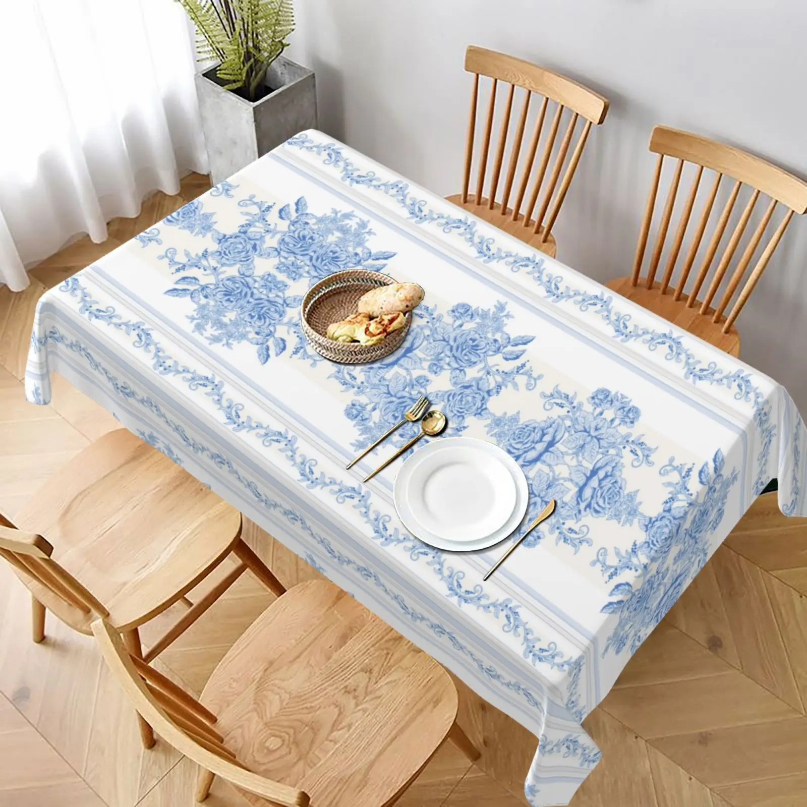 Vintage Blue Rose Print Linen Tablecloth Household Simple Pattern Tablecloth Rectangular Kitchen Tablecloth