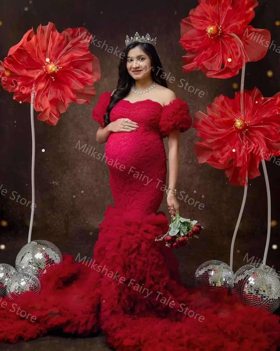 الساحرة الأحمر الأمومة الجلباب قبالة الكتف الدانتيل حورية البحر النساء التصوير فساتين قطار الاجتياح المتدرج الكشكشة استحمام الطفل العباءات #4