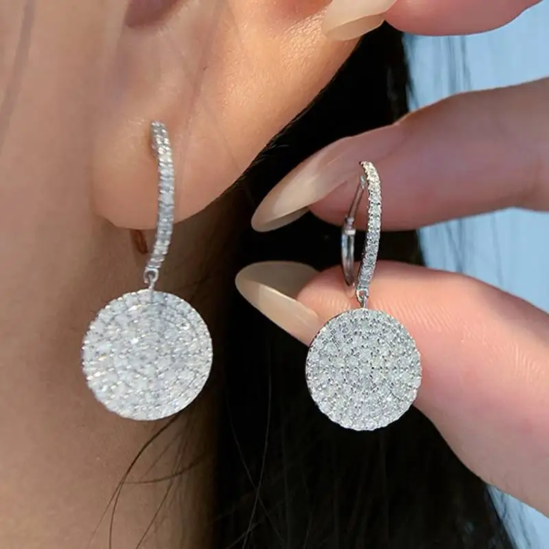 Huitan Round Disc Dangle Earrings for Women Fashion Party Daily Versatile Accessories Full Bright CZ Silver Color Chic Jewelry
