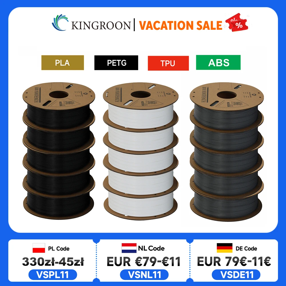 KINGROON 3D Printer Filament PLA PETG TPU ABS 5KG Bundle Black White Gray 1.75mm No bubbles Plastic 5 roll 1kg , Random Spool