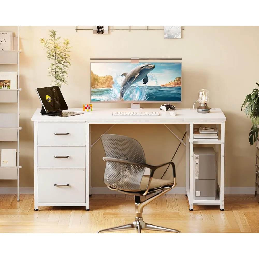 

51 Inch Computer Desk with File Drawers & USB Power Outlets - Reversible Home Office Desk with Storage Shelves, Work from H