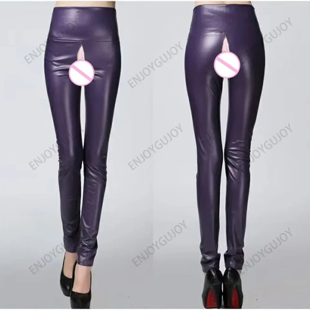 High Waisted,Slim Fit Trousers,Faux Leather Pants Women Leggings,Invisible Open Crotch Outdoor Sex,Exoticism PU Pantalones