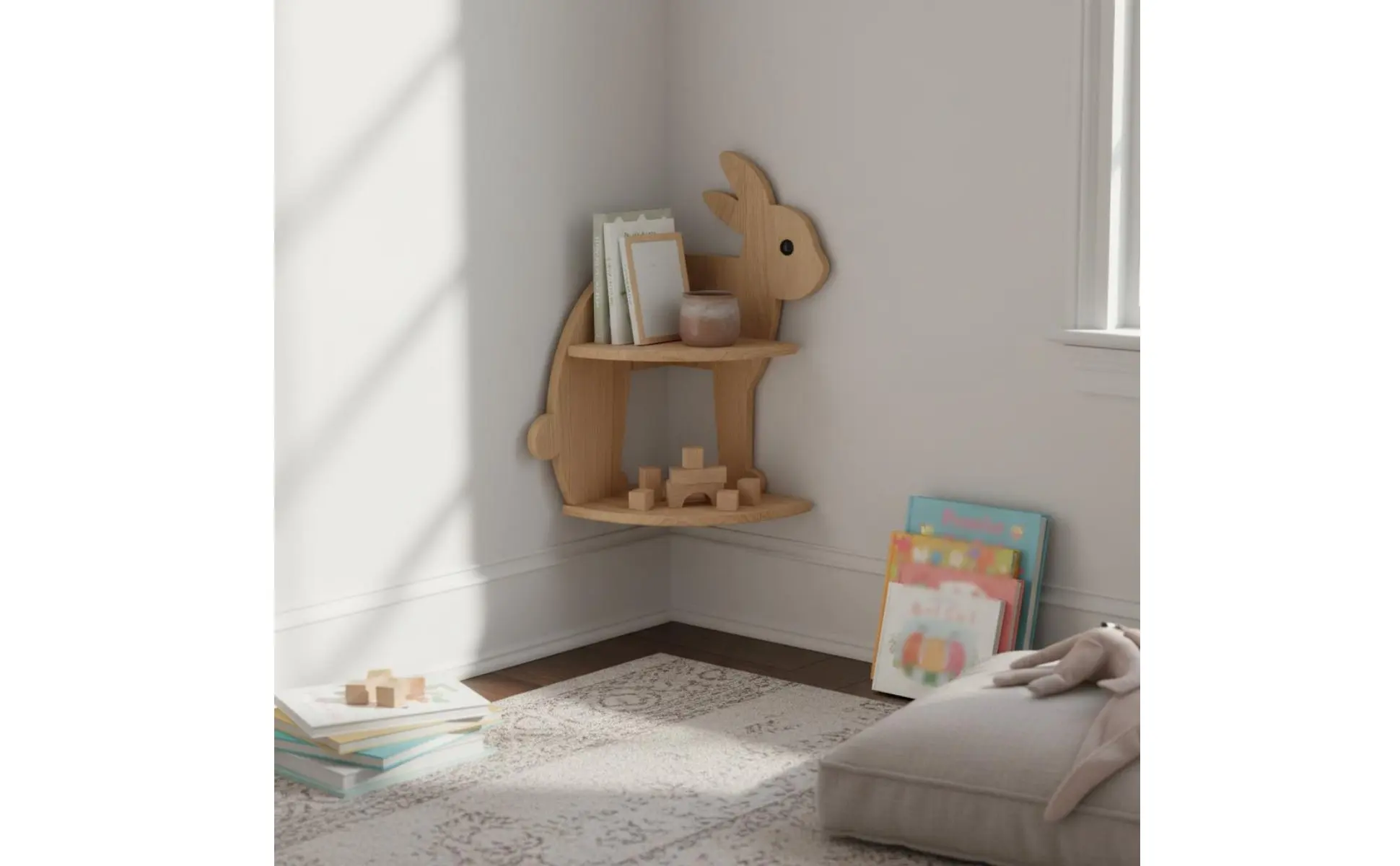 Rabbit Corner Shelf Decorative Bunny Storage Rack Wooden Corner Organizer Modern Design Display Intended for Children